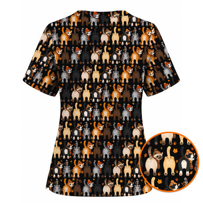Funny Autumn Cat Scrub Top, Cozy Fall Cat Scrubs Nurse for Cat Lovers, Breathable Fabrics Nursing Uniform