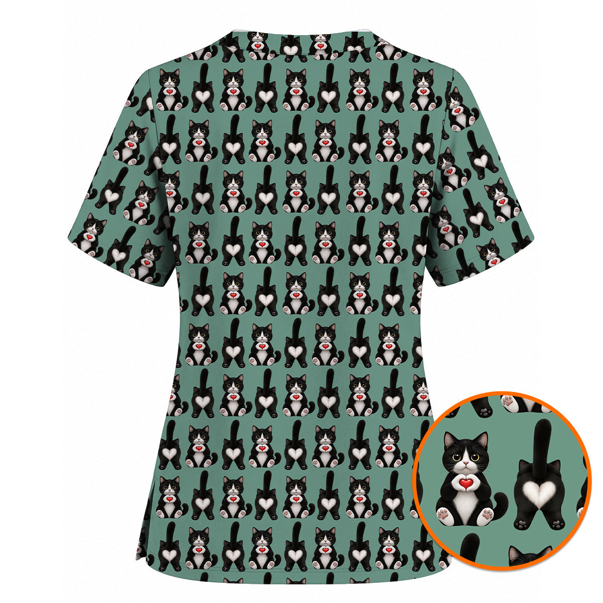 Funny Tuxedo Cat Pattern Scrub Top, Cute Cat Nurse Scrubs, Breathable Fabrics Nursing Uniform