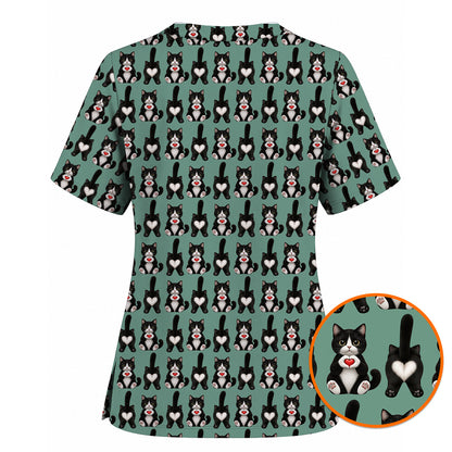 Funny Tuxedo Cat Pattern Scrub Top, Cute Cat Nurse Scrubs, Breathable Fabrics Nursing Uniform