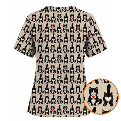 Funny Tuxedo Cat Pattern Scrub Top, Cute Cat Nurse Scrubs, Breathable Fabrics Nursing Uniform