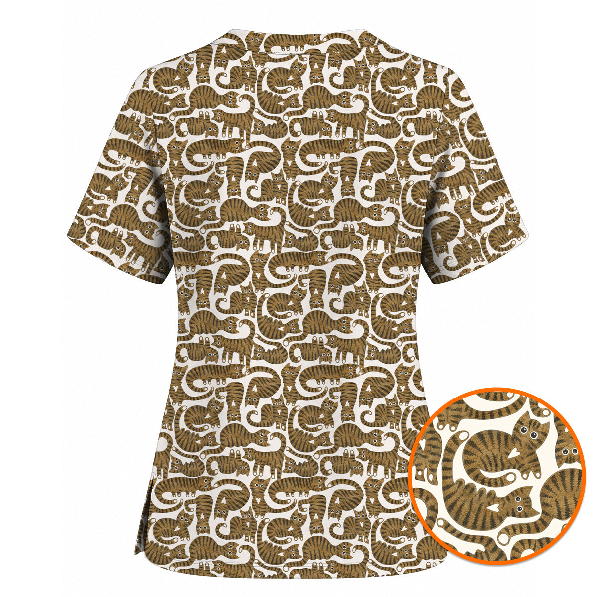 Cute Tabby Cat Pattern Scrub Top, Brown Tabby Cat Nursing Uniform for Cat Lovers, Comfortable Feline Scrubs for Nurses