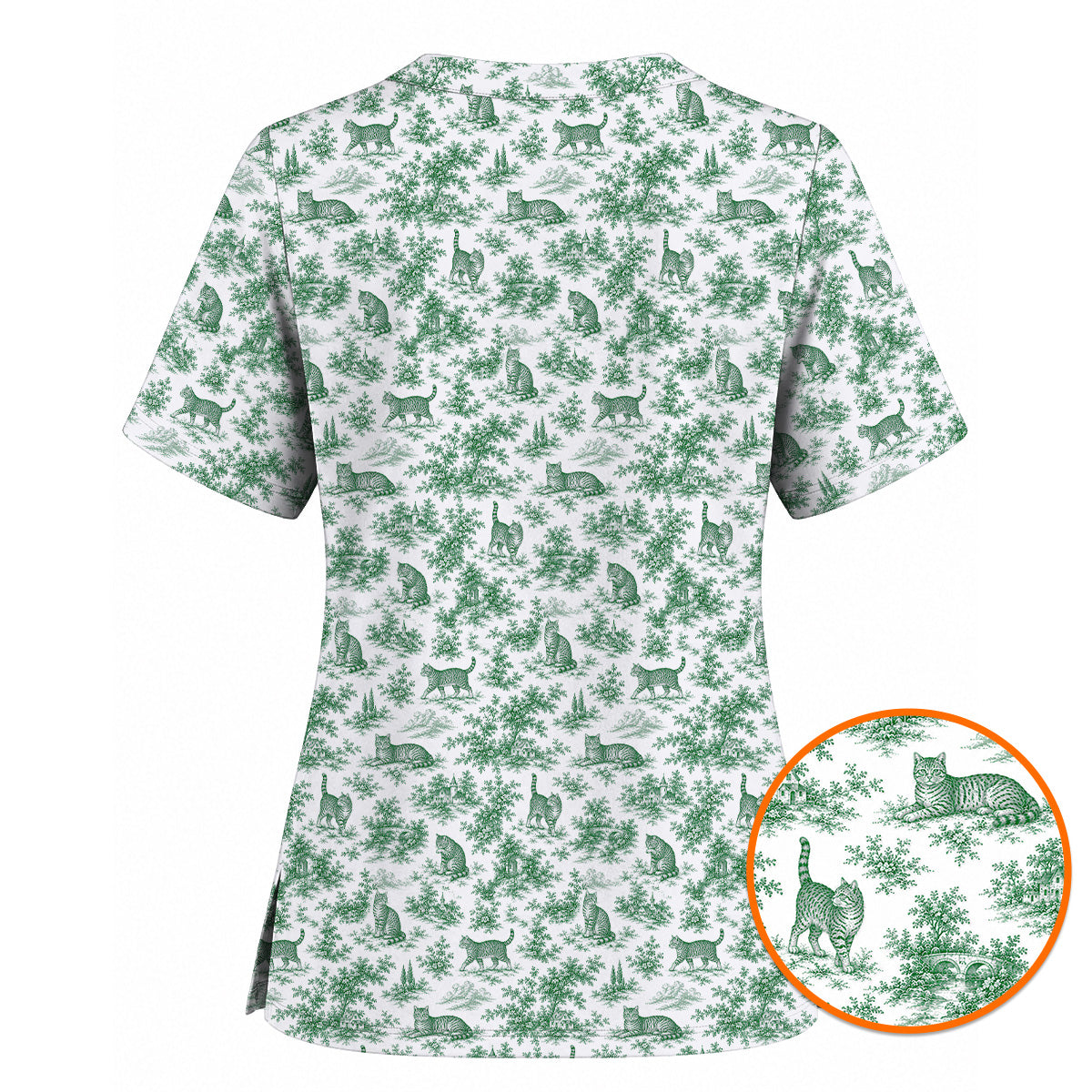Toile de Jouy Cat Scrub Top, Crazy Cats Pattern Nursing Uniform for Cat Lovers, Vintage Feline Medical Scrubs