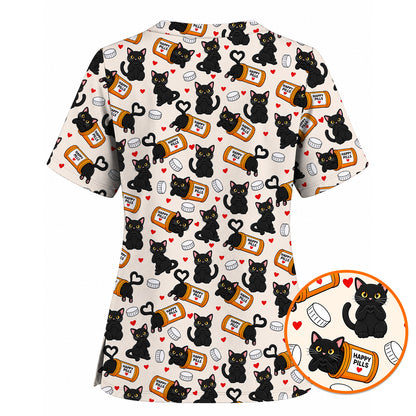Black Cat Happy Pills Nurse Scrub Top, Funny Pharmacy Cat Scrubs for Nurses, Cute Medical Nursing Uniform Gift