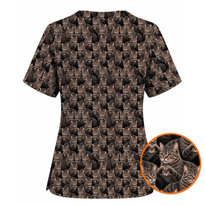 Tabby Cat Pattern Scrub Top, Brown Tabby Cat Nurse Scrubs, Cat Lover Nursing Uniform