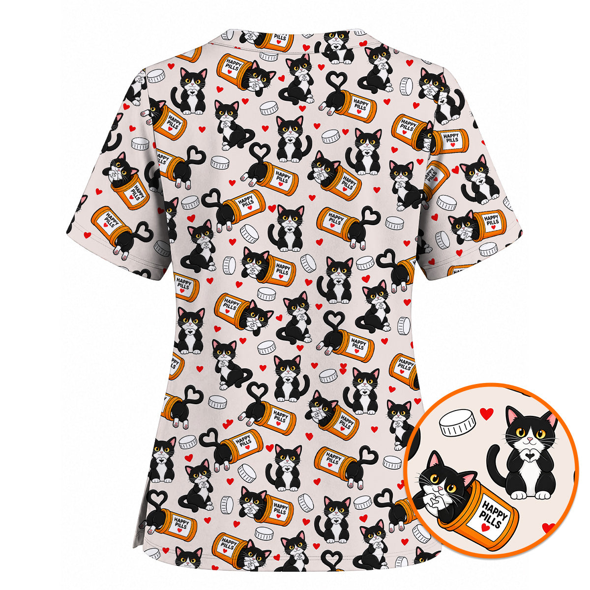 Cute Cat Nurse Scrub Top, Funny Happy Pills Medical Scrubs, Cat Lover Healthcare Uniform