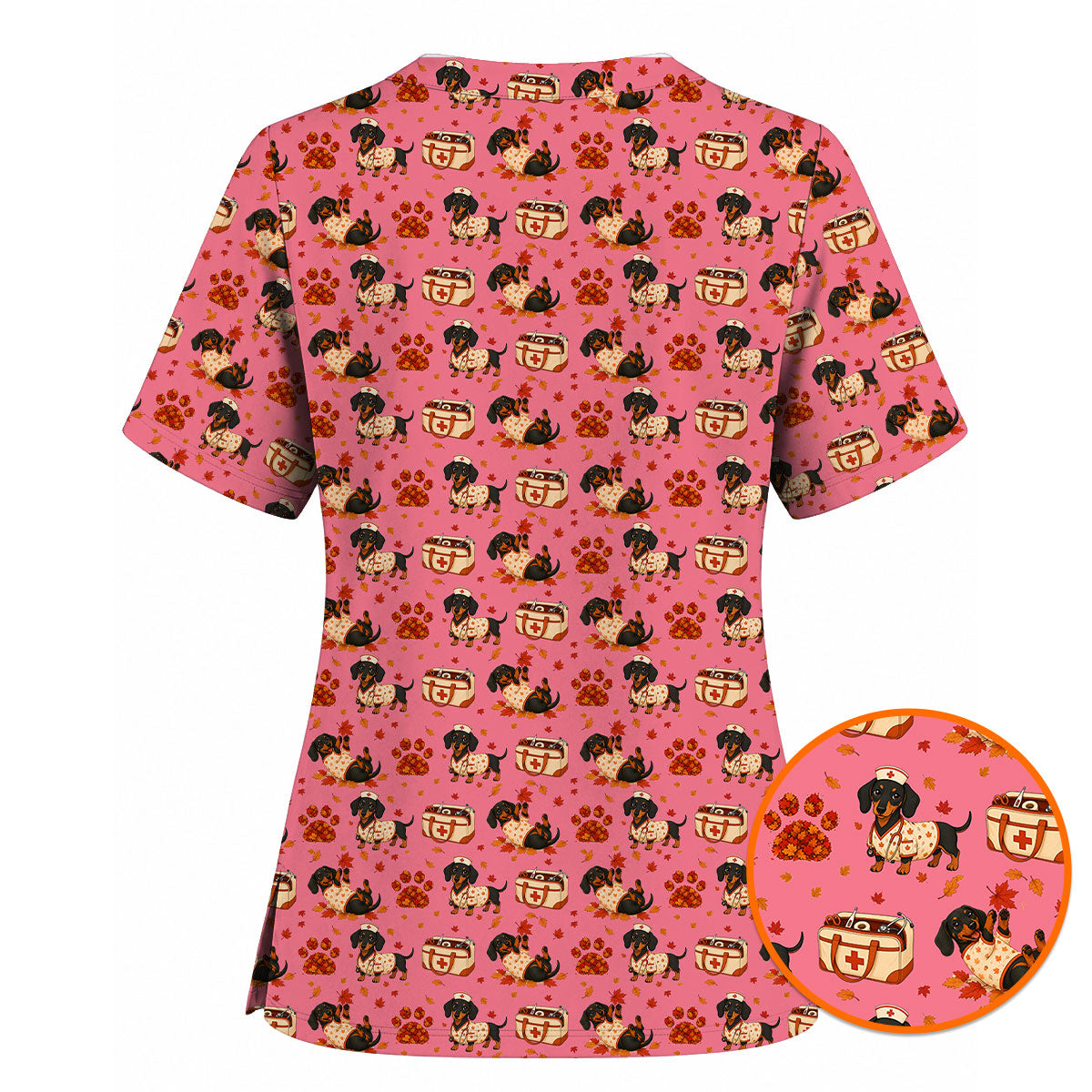 Fall Dachshund Scrub Top, Autumn Wiener Dog Nurse Uniform for Veterinary Professionals, Breathable Fabrics Nursing Scrubs for Dog Lovers