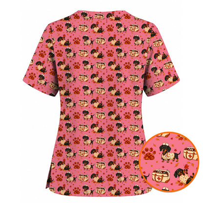 Fall Dachshund Scrub Top, Autumn Wiener Dog Nurse Uniform for Veterinary Professionals, Breathable Fabrics Nursing Scrubs for Dog Lovers