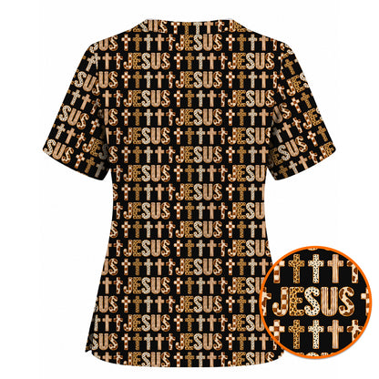 Jesus Cross Pattern Scrub Top, Christian Faith Medical Scrubs Uniform, Religious Gift For Nurses