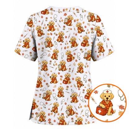Autumn Labrador Retriever Scrub Top, Fall Dog Nursing Uniform for Veterinary Professionals, Cozy Autumn Nurse Scrubs for Dog Lovers