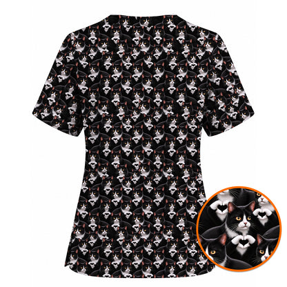 Tuxedo Cat Pattern Scrub Top, Black And White Cat Nurse Scrubs, Breathable Fabrics Nursing Uniform