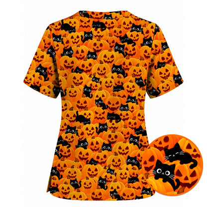 Halloween Cat Scrub Top, Pumpkin Nurse Scrubs, Spooky Season Scrub Uniform