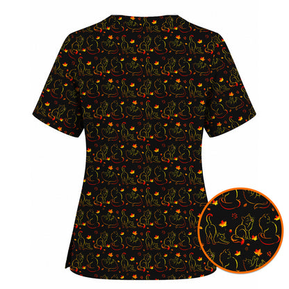 Autumn Black Cat Scrub Top, Fall Cat Nursing Uniform for Cat Lovers, Comfortable Feline Medical Scrubs For Nurse