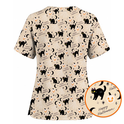 Black Cat Halloween Scrub Top, Cute Pumpkin Nurse Scrubs, Spooky Season Medical Uniform
