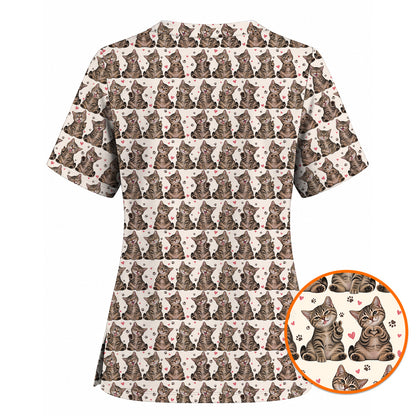 Cute Tabby Cat Pattern Scrub Top, Heart Paw Cat Nurse Scrubs, Breathable Fabrics Nursing Uniform