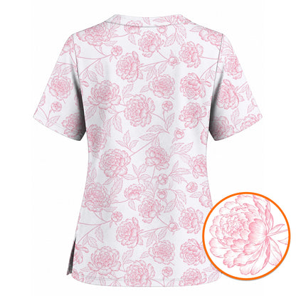 Peony Floral Pattern Scrub Top, Pink Peony Nurse Scrubs, Floral Nursing Uniform