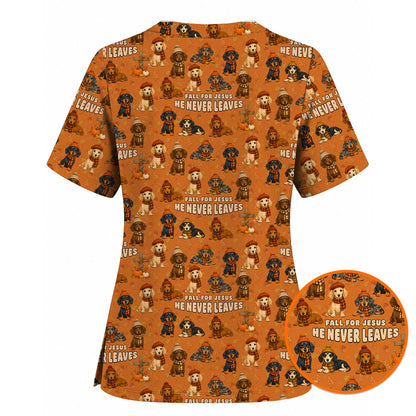 Autumn Dachshund Scrub Top, Wiener Dog Fall Nursing Uniform for Dog Lovers, Comfortable Scrubs for Nurses