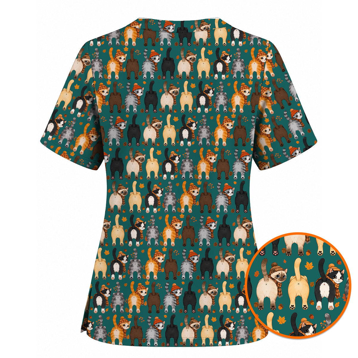 Funny Autumn Cat Scrub Top, Cozy Fall Cat Scrubs Nurse for Cat Lovers, Breathable Fabrics Nursing Uniform