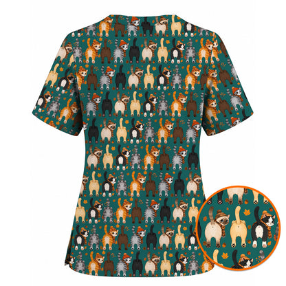 Funny Autumn Cat Scrub Top, Cozy Fall Cat Scrubs Nurse for Cat Lovers, Breathable Fabrics Nursing Uniform