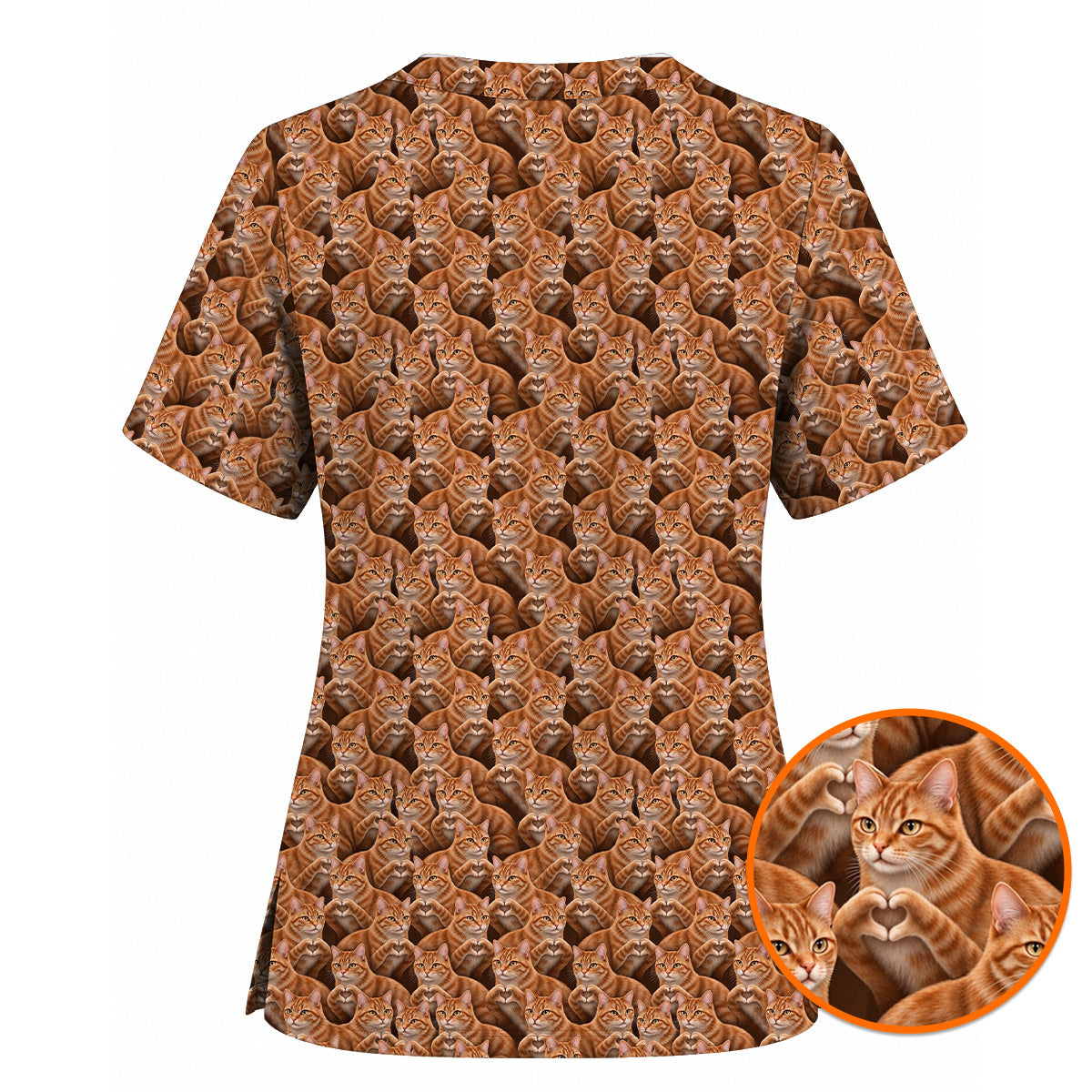 Orange Tabby Cat Pattern Scrub Top, Ginger Cat Nurse Scrubs For Cat Lover, Breathable Fabrics Nursing Uniform