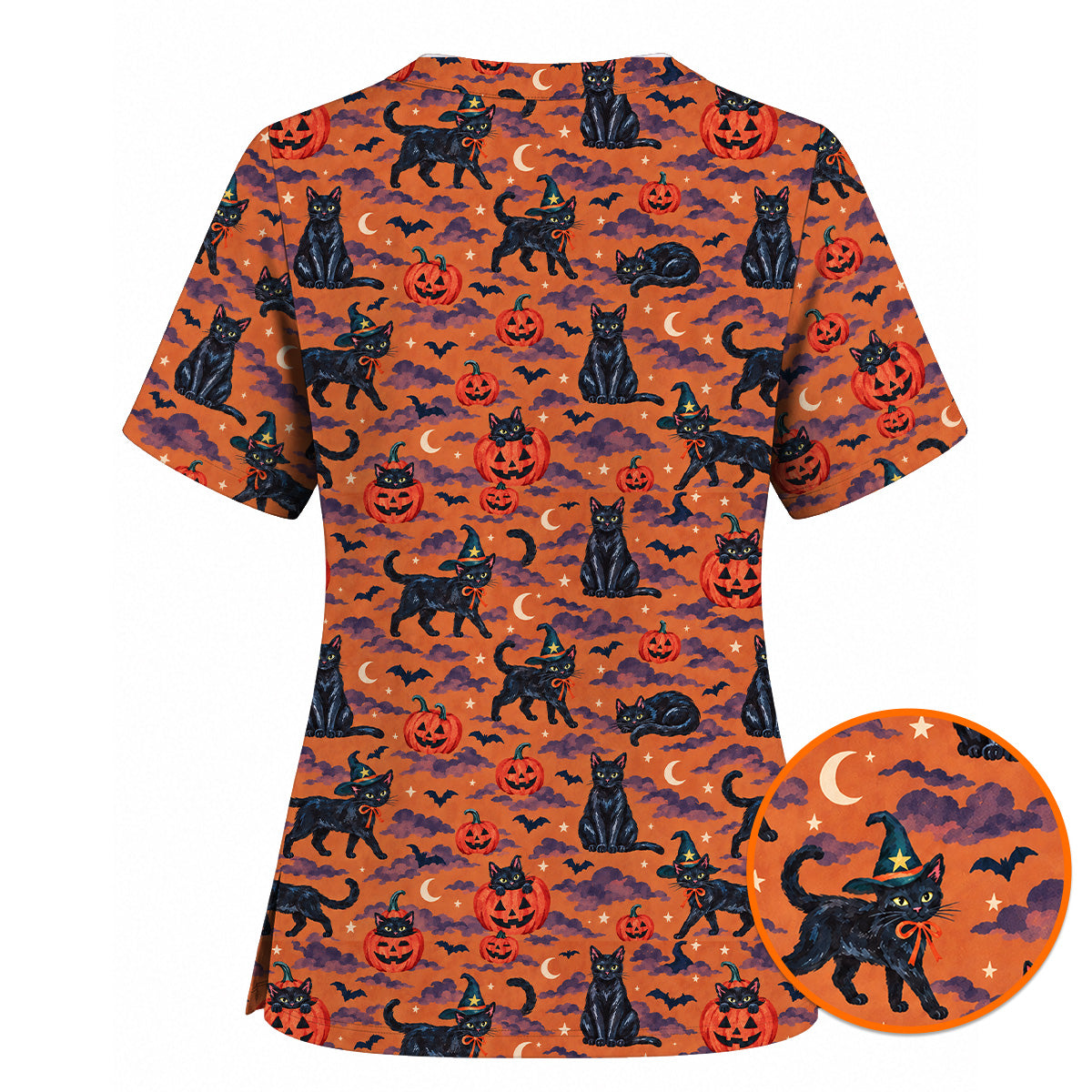 Black Cat Halloween Scrub Top, Witchy Pumpkin Nurse Scrubs, Spooky Season Healthcare Uniform