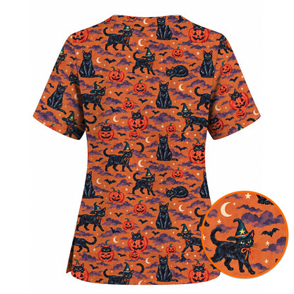 Black Cat Halloween Scrub Top, Witchy Pumpkin Nurse Scrubs, Spooky Season Healthcare Uniform