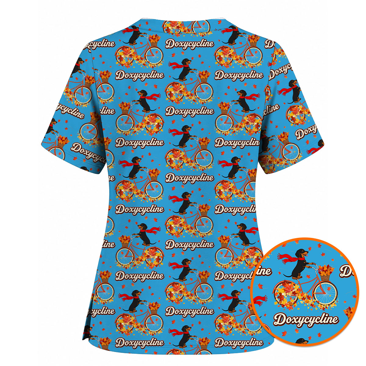 Autumn Dachshund Scrub Top, Cute Wiener Dog Fall Nursing Uniform, Breathable Veterinary Scrub Shirt