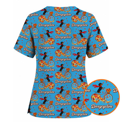 Autumn Dachshund Scrub Top, Cute Wiener Dog Fall Nursing Uniform, Breathable Veterinary Scrub Shirt