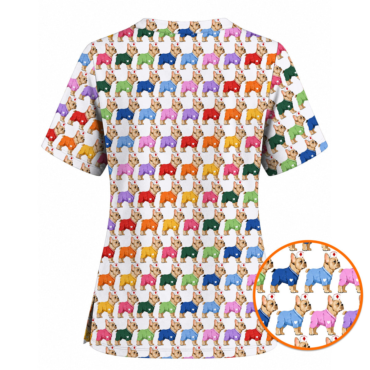Colorful French Bulldog Nurse Scrub Top, Cute Frenchie Medical Pattern Scrubs for Nurses, Dog Lover Healthcare Gift