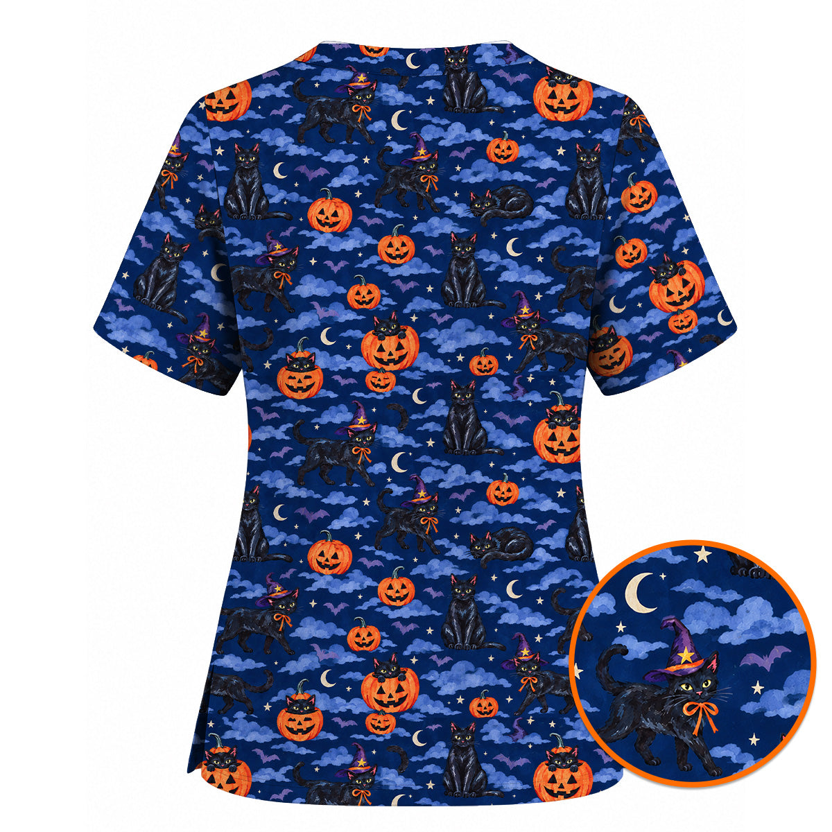 Black Cat Halloween Scrub Top, Witchy Pumpkin Nurse Scrubs, Spooky Season Healthcare Uniform