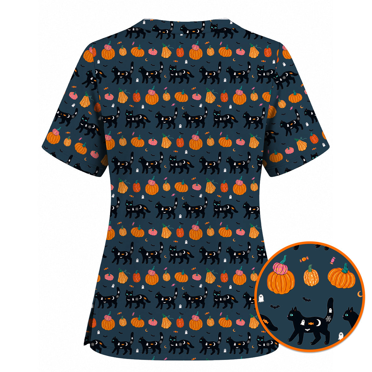 Halloween Black Cat Scrub Top, Pumpkin Cat Print Scrubs, Spooky Nurse Uniform