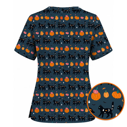 Halloween Black Cat Scrub Top, Pumpkin Cat Print Scrubs, Spooky Nurse Uniform
