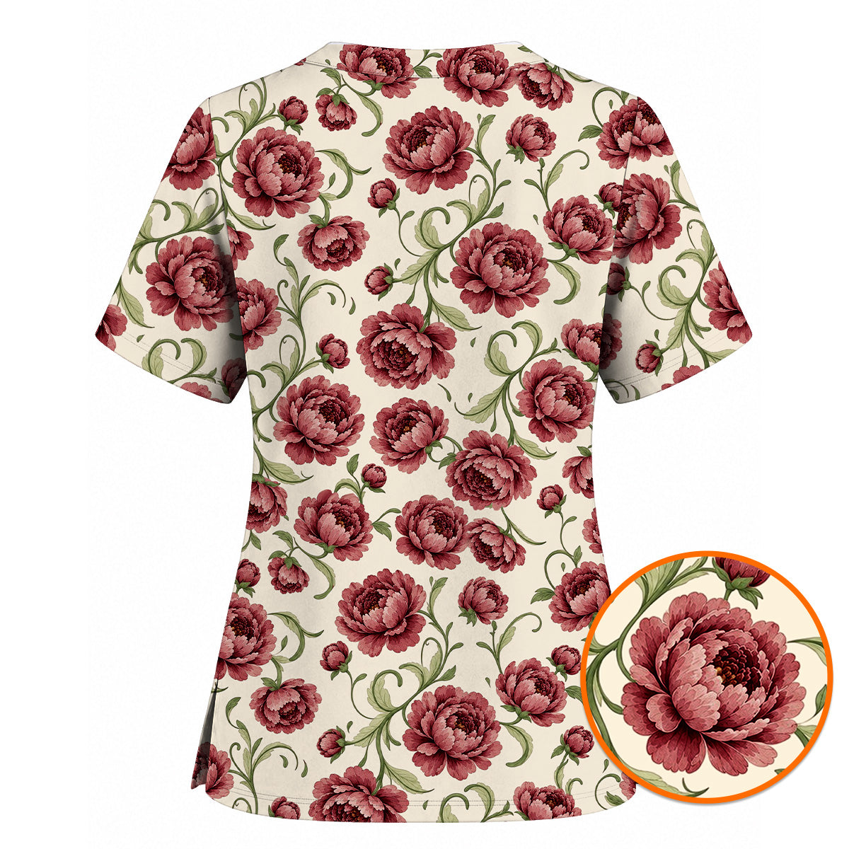Peony Floral Pattern Scrub Top, Crazy Pink Peony Nurse Scrubs, Breathable Fabrics Nursing Uniform