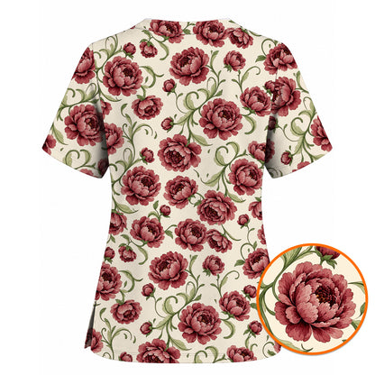 Peony Floral Pattern Scrub Top, Crazy Pink Peony Nurse Scrubs, Breathable Fabrics Nursing Uniform