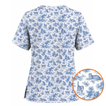 Toile de Jouy Cat Scrub Top, Crazy Cats Pattern Nursing Uniform for Cat Lovers, Vintage Feline Medical Scrubs