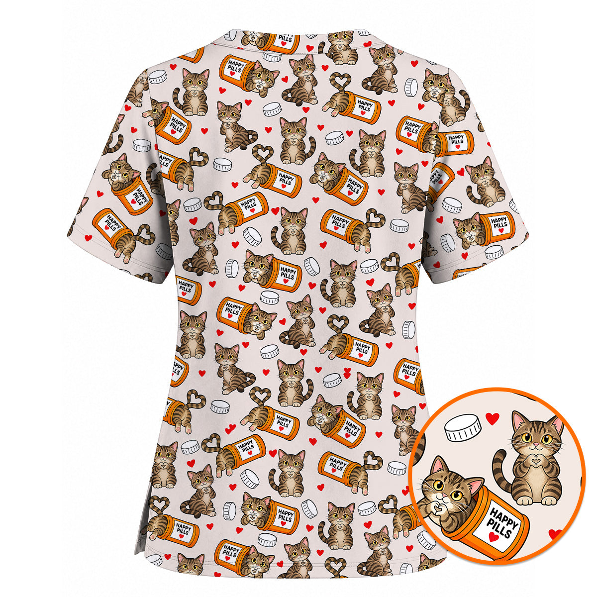 Tabby Cat Nurse Scrub Top, Happy Pills Medical Scrubs, Cute Cat Lover Healthcare Uniform