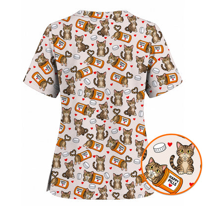 Tabby Cat Nurse Scrub Top, Happy Pills Medical Scrubs, Cute Cat Lover Healthcare Uniform