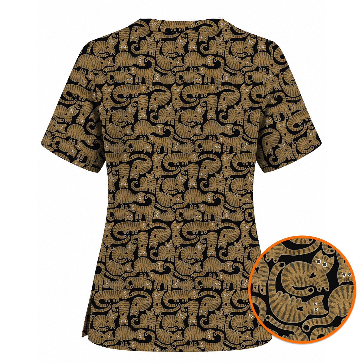 Cute Tabby Cat Pattern Scrub Top, Brown Tabby Cat Nursing Uniform for Cat Lovers, Comfortable Feline Scrubs for Nurses