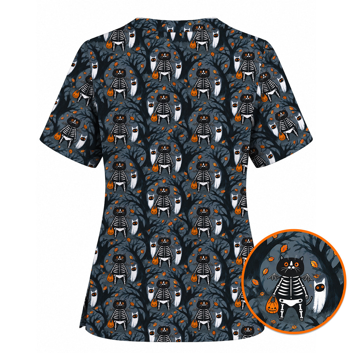 Skeleton Cat Halloween Scrub Top, Spooky Black Cat Nurse Scrubs, Halloween Medical Uniform