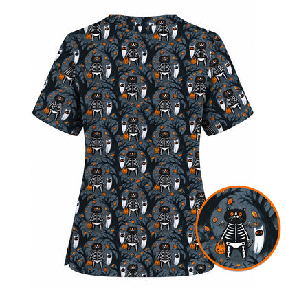 Skeleton Cat Halloween Scrub Top, Spooky Black Cat Nurse Scrubs, Halloween Medical Uniform