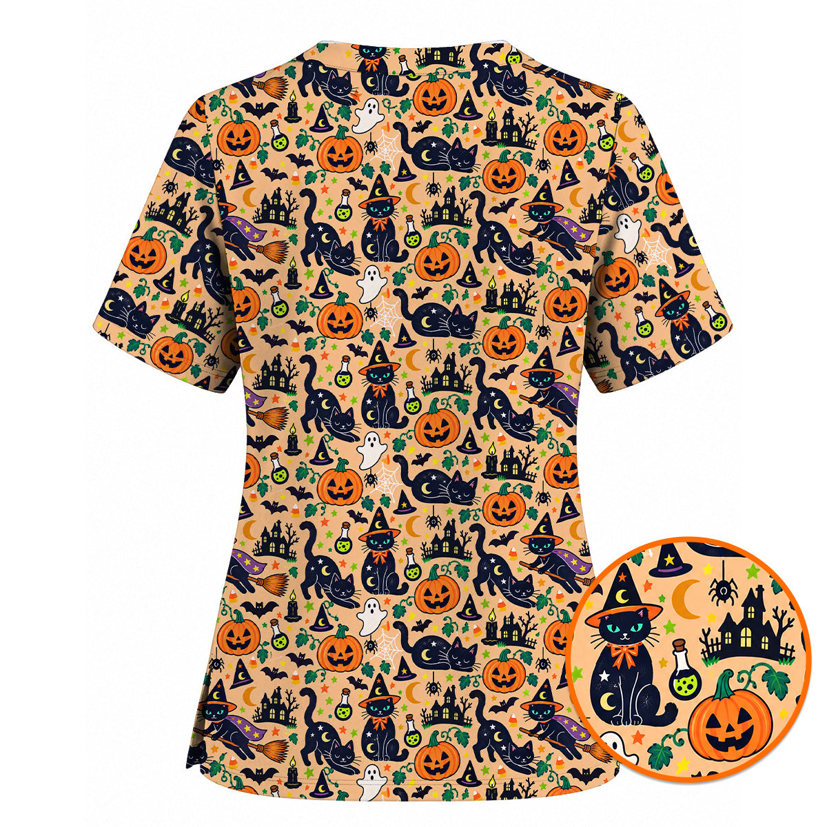 Black Cat Witch Halloween Scrub Top, Spooky Pumpkin Nurse Scrubs, Halloween Medical Uniform