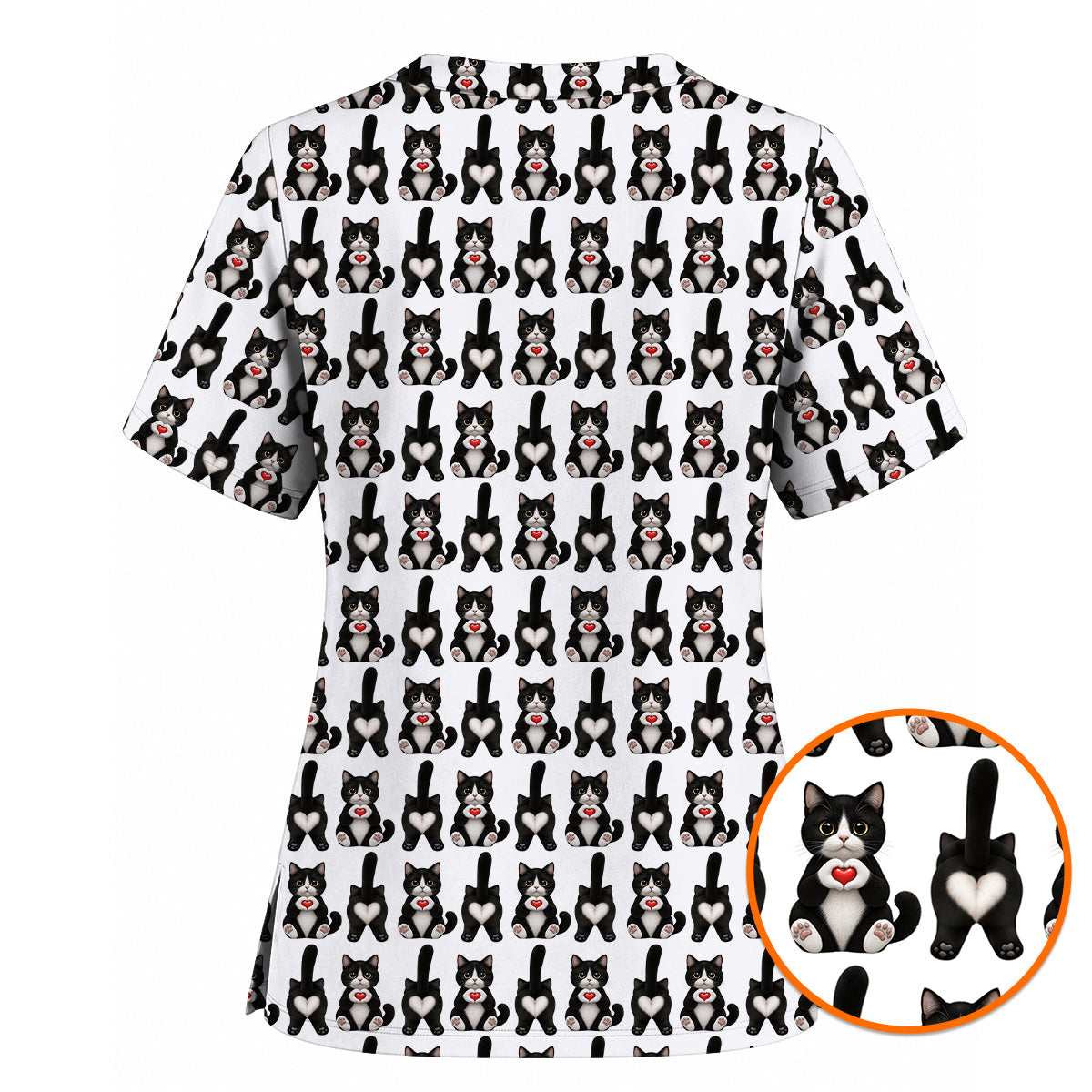 Funny Tuxedo Cat Pattern Scrub Top, Cute Cat Nurse Scrubs, Breathable Fabrics Nursing Uniform