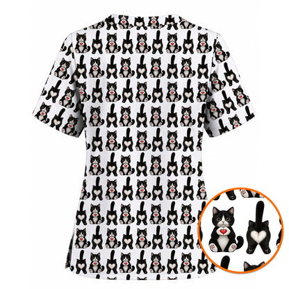 Funny Tuxedo Cat Pattern Scrub Top, Cute Cat Nurse Scrubs, Breathable Fabrics Nursing Uniform