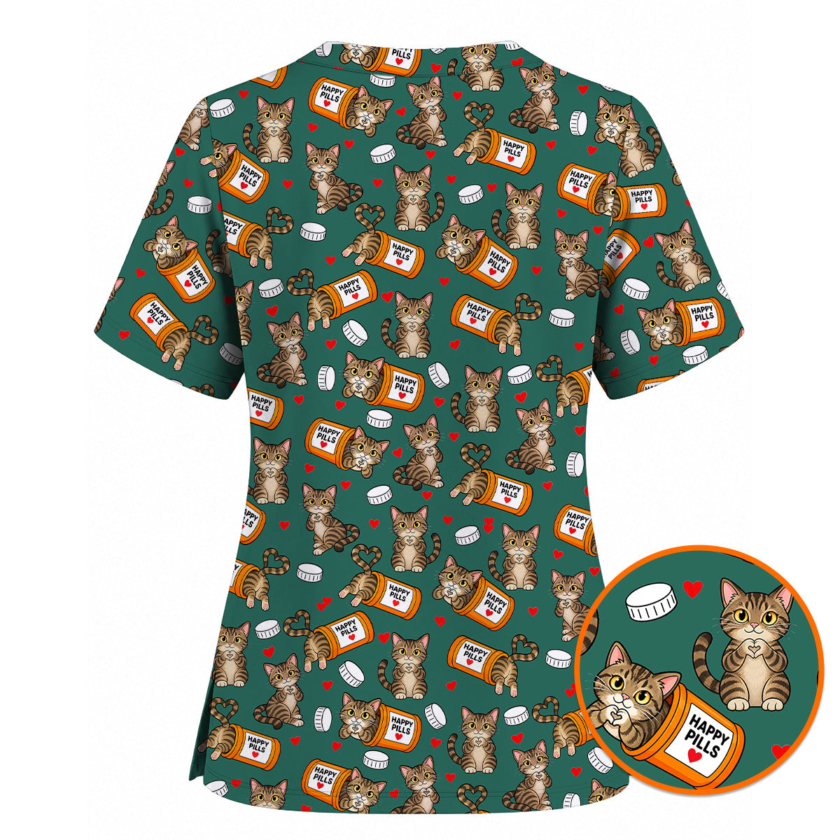 Tabby Cat Nurse Scrub Top, Happy Pills Medical Scrubs, Cute Cat Lover Healthcare Uniform