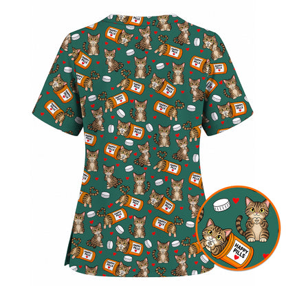 Tabby Cat Nurse Scrub Top, Happy Pills Medical Scrubs, Cute Cat Lover Healthcare Uniform