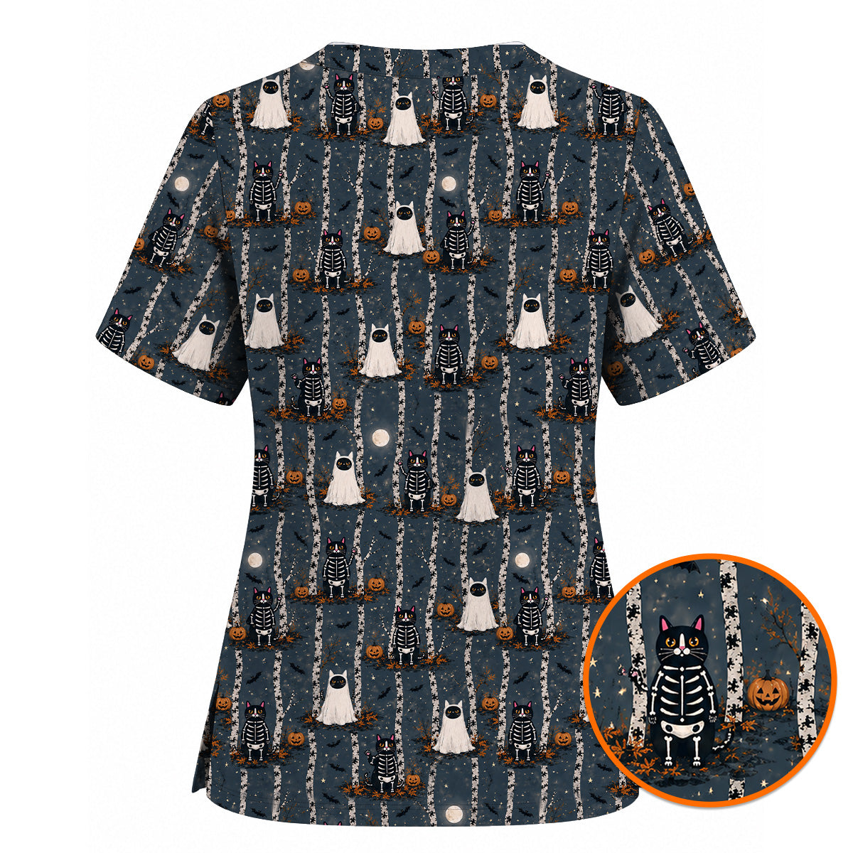 Spooky Black Cat Halloween Scrub Top, Skeleton Cat & Ghost Pumpkin Print Scrubs, Cute Halloween Nurse Uniform