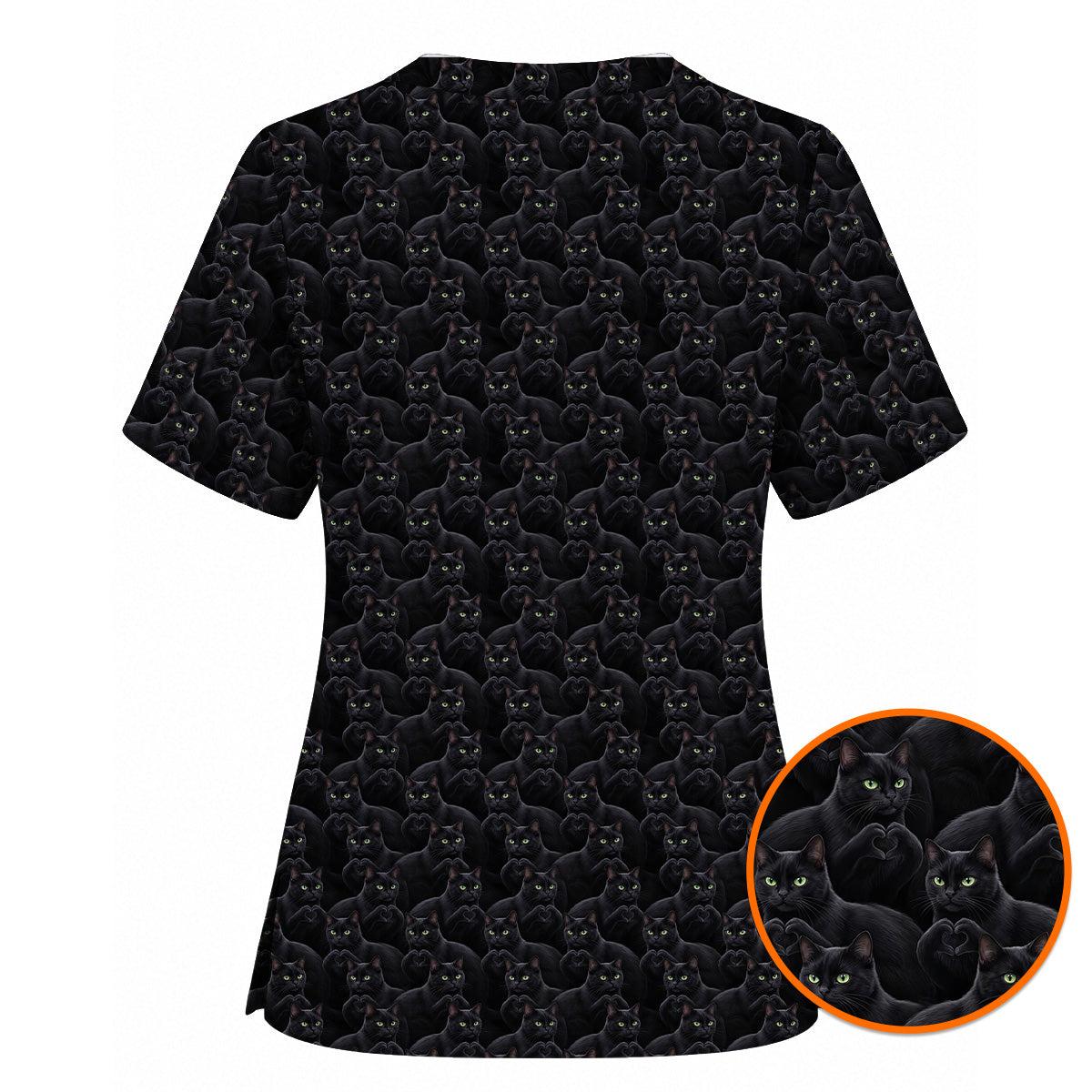 Black Cat Scrub Top for Cat Lovers, Cute Black Cat Nursing Uniform, Comfortable Feline Medical Scrubs For Nurse