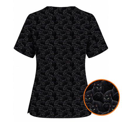Black Cat Scrub Top for Cat Lovers, Cute Black Cat Nursing Uniform, Comfortable Feline Medical Scrubs For Nurse