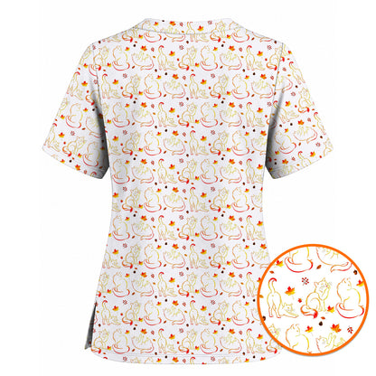 Autumn Black Cat Scrub Top, Fall Cat Nursing Uniform for Cat Lovers, Comfortable Feline Medical Scrubs For Nurse
