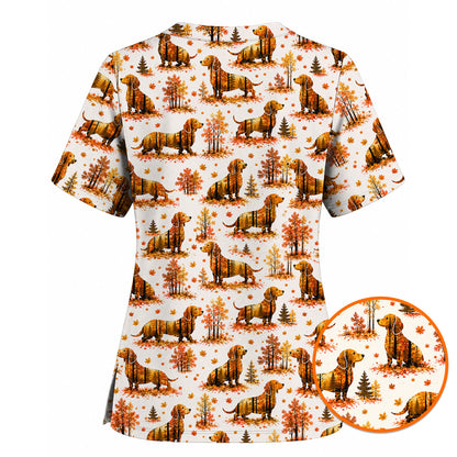Autumn Dachshund Scrub Top, Fall Wiener Dog Nursing Uniform for Healthcare Workers, Cute Dachshund Nurse Scrubs for Dog Lovers
