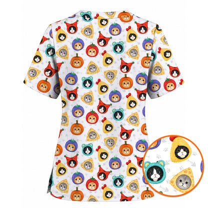 Funny Cat Pattern Scrub Top, Cute Kitty Nursing Uniform for Cat Lovers, Comfortable Medical Scrubs for Nurses